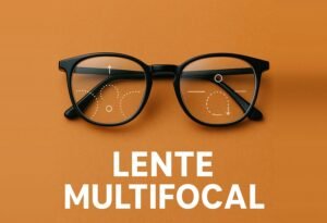 Armação de óculos com lente multifocal mostrando as áreas de visão para longe, intermediária e perto
