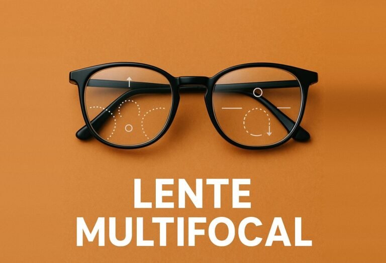 Armação de óculos com lente multifocal mostrando as áreas de visão para longe, intermediária e perto
